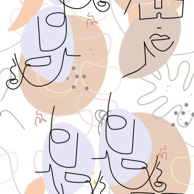 Yüz çizgisi deseni. Soyut çizim kusursuz desen. Vektör Modern Minimum Sanat. Grafikler arka planda. Sürekli bir çizgi çiziyor. Doğrusal tasarım kadın ve erkek yüzleri. Güzel modern baskı..