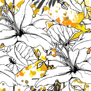 Çiçekli Siyah ve Beyaz Kusursuz Şablon. Modern Sanatsal Suluboya Baskısı. Moda Dış Hatları Çiçek Yüzeyi. Mürekkep lekeleri dokusunda Botanik Vektör Motifi. Soyut Yaprak Çizimi. Trend Tropik Arkaplanı.