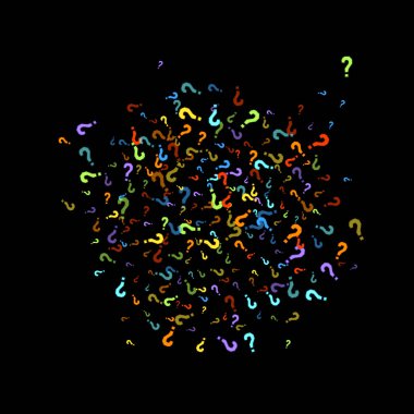 Soru işaretleri siyah arkaplana dağılmış. Sınav, şüphe, anket, araştırma, faq, sorgulama, sorgulama geçmişi. Kamuoyu yoklaması için çok renkli bir şablon. Gökkuşağı rengi. Vektör illüstrasyonu.