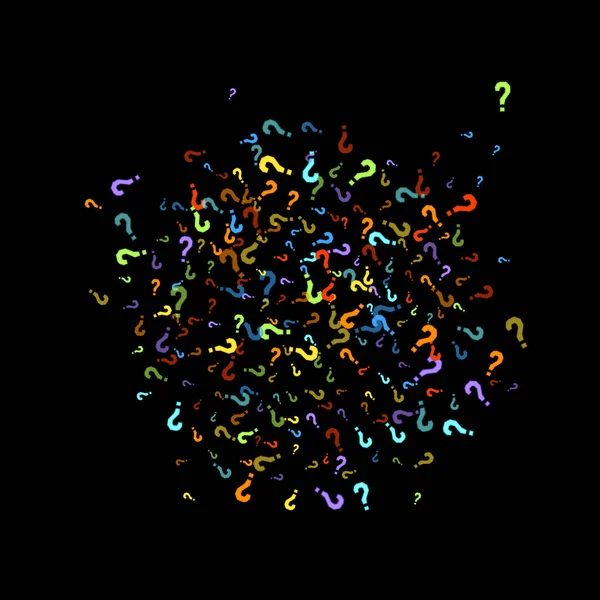 Soru işaretleri siyah arkaplana dağılmış. Sınav, şüphe, anket, araştırma, faq, sorgulama, sorgulama geçmişi. Kamuoyu yoklaması için çok renkli bir şablon. Gökkuşağı rengi. Vektör illüstrasyonu.