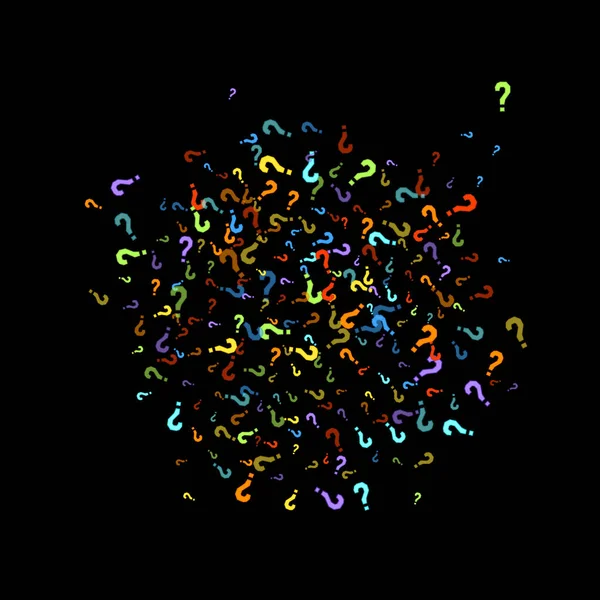 Otazníky Roztroušené Černém Pozadí Kvíz Pochybnosti Anketa Průzkum Faq Výslech — Stockový vektor