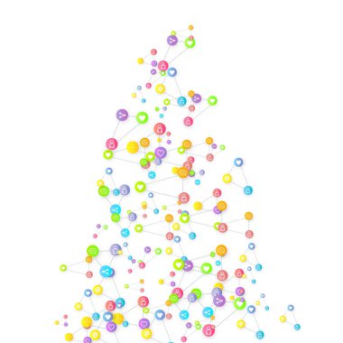 Sosyal medya pazarlaması, iletişim ağı kavramı. Beyaz arkaplana bağlı rastgele sosyal medya hizmetleri simgeleri. Yorum, arkadaş, paylaşım, hedef, mesaj. Vektör İnternet kavramı.