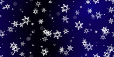 Düşen kar taneleri pürüzsüz desen. Uçan kar, don ve kar ile ilgili bir resim. Mavi gece geçmişinde noel kutlaması için kusursuz bir baskı. Yeni Yıl için Tatil Vektörü illüstrasyonu