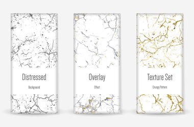 Kederli Grunge dokusu seti. Kusursuz desen. Çizilmiş, Dirt Print. Yarım tonluk Retro Arkaplan. Kırık, çatlak duvar dokusu. Altın, Siyah, Beyaz Grunge tarzı. Gürültü Kaba Tasarım. Vektör İllüstrasyonu.