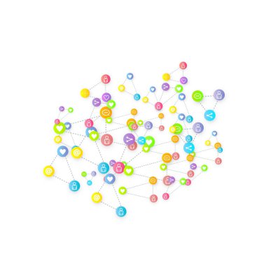 Sosyal medya pazarlaması, iletişim ağı kavramı. Beyaz arkaplana bağlı rastgele sosyal medya hizmetleri simgeleri. Yorum, arkadaş, paylaşım, hedef, mesaj. Vektör İnternet kavramı.