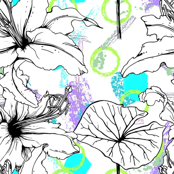 Floral Μαύρο Λευκό Εκτύπωση Τροπικά Φύλλα Ζούγκλας Γεωμετρικά Σχήματα Πινέλου — Διανυσματικό Αρχείο