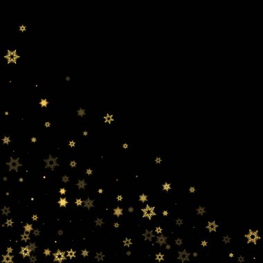 Düşen kar, altın deseni bozar. Uçan altın kar, don ve kar yağışlı bir resim. Kara geceyle ilgili Noel kutlaması için kış baskısı. Yeni Yıl için Tatil Vektörü illüstrasyonu.