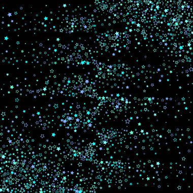 Mavi, turkuaz, pırıltılı yıldızlar, parlak konfeti. Dağınık, küçük parlak elementler. Siyah arkaplana düşen rastgele bir yıldız. Yılbaşı arkaplanı. Vektör illüstrasyonu.