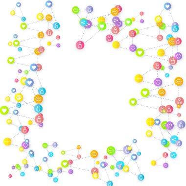 Sosyal medya pazarlaması, iletişim ağı kavramı. Beyaz arkaplana bağlı rastgele sosyal medya hizmetleri simgeleri. Yorum, arkadaş, paylaşım, hedef, mesaj. Vektör İnternet kavramı.