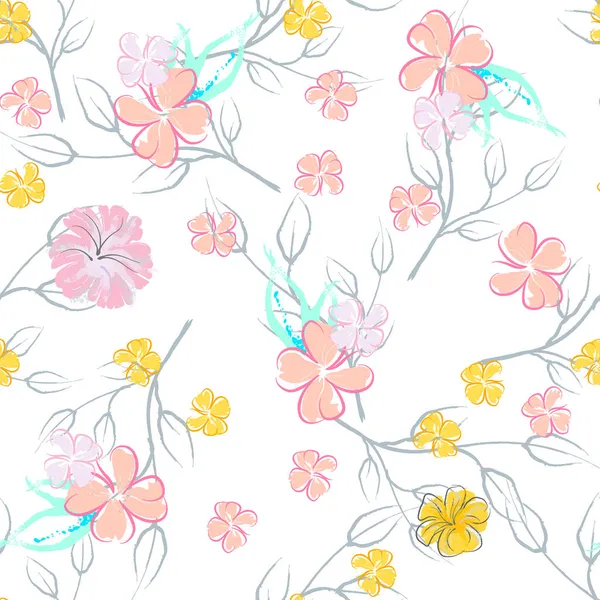 Rosa Blumen Blütenmuster Pastell Aquarell Floral Print Kleine Rosa Gelbe — Stockvektor