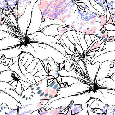Çiçekli Siyah ve Beyaz Kusursuz Şablon. Modern Sanatsal Suluboya Baskısı. Moda Dış Hatları Çiçek Yüzeyi. Mürekkep lekeleri dokusunda Botanik Vektör Motifi. Soyut Yaprak Çizimi. Trend Tropik Arkaplanı.