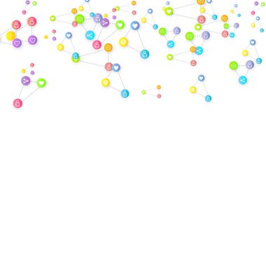 Sosyal medya pazarlaması, iletişim ağı kavramı. Beyaz arkaplana bağlı rastgele sosyal medya hizmetleri simgeleri. Yorum, arkadaş, paylaşım, hedef, mesaj. Vektör İnternet kavramı.