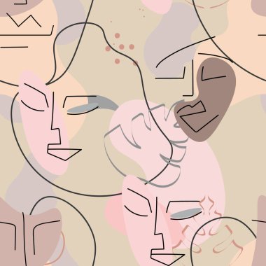 Bir çizgi. Soyut, pürüzsüz bir şekil. Vektör Modern Minimum Sanat. Grafikler arka planda. Devamlı çizgi çizimi. Doğrusal tasarım kadın ve erkek yüzleri. Güzel modern baskı..