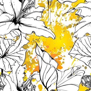 Çiçekli Siyah ve Beyaz Kusursuz Şablon. Modern Sanatsal Suluboya Baskısı. Moda Dış Hatları Çiçek Yüzeyi. Mürekkep lekeleri dokusunda Botanik Vektör Motifi. Soyut Yaprak Çizimi. Trend Tropik Arkaplanı.