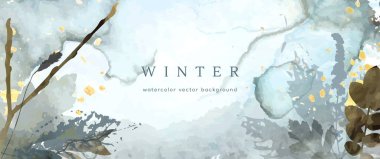 Kış suluboya geçmişi. Vektör el doku çizimi botanik yapraklar, çiçekler. Kış mevsimi için soyut sanat tasarımı. Modern kart, düğün masrafları, davetiye. Noel Sanatları Dekorasyonu.