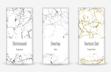 Kederli Grunge dokusu seti. Kusursuz desen. Çizilmiş, Dirt Print. Yarım tonluk Retro Arkaplan. Kırık, çatlak duvar dokusu. Altın, Siyah, Beyaz Grunge tarzı. Gürültü Kaba Tasarım. Vektör İllüstrasyonu.