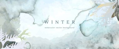 Kış suluboya geçmişi. Vektör el doku çizimi botanik yapraklar, çiçekler. Kış mevsimi için soyut sanat tasarımı. Modern kart, düğün masrafları, davetiye. Noel Sanatları Dekorasyonu.