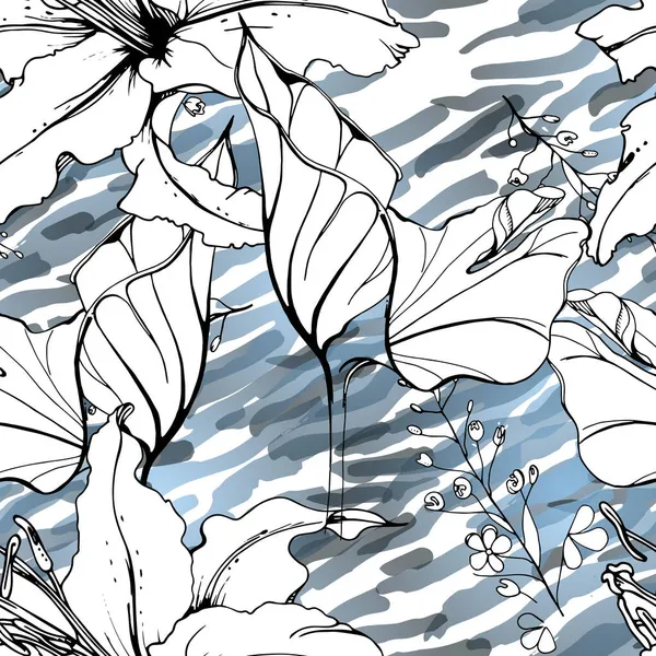 Цветочный Черно Белый Бесшовный Узор Современная Акварельная Печать Поверхность Очертаний — стоковый вектор