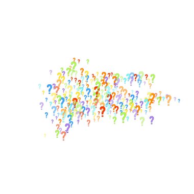 Beyaz arka plana dağılmış soru işaretleri. Sınav, şüphe, anket, araştırma, faq, sorgulama, sorgulama geçmişi. Kamuoyu yoklaması için çok renkli bir şablon. Gökkuşağı rengi. Vektör illüstrasyonu.