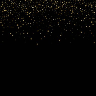 Düşen kar, altın deseni bozar. Uçan altın kar, don ve kar yağışlı bir resim. Kara geceyle ilgili Noel kutlaması için kış baskısı. Yeni Yıl için Tatil Vektörü illüstrasyonu.