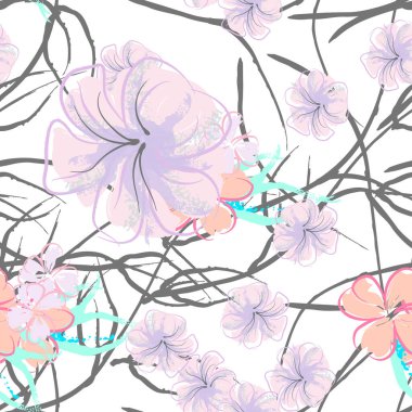 Pembe Çiçekler Çiçek Şablonu. Pastel Suluboya Çiçek Yazısı. Küçük pembe, sarı, gri yapraklı leylak çiçeği. Zarif fırça arka planı. Kusursuz Botanik Vektör Yüzeyi. Moda Yazıcıları İçin Desen.