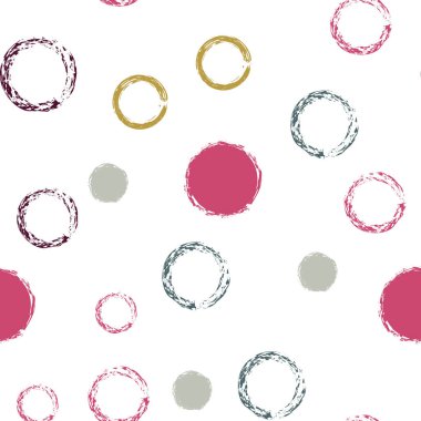 Renkli Polka Noktaları. Pastel Vektör Kusursuz Desen. Çok renkli tasarım. Suluboya Şekli Kaotik Şekillerle Soyut Beyaz Arkaplan. Grunge Retro Surface. Tebeşir Fırçası Yuvarlakları, Konfeti.