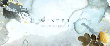 Kış suluboya geçmişi. Vektör el doku çizimi botanik yapraklar, çiçekler. Kış mevsimi için soyut sanat tasarımı. Modern kart, düğün masrafları, davetiye. Noel Sanatları Dekorasyonu.