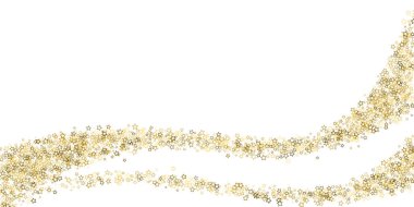 Altın Parıldayan Yıldızlar. Lüks Parlak Konfeti. Dağınık küçük bir parıltı. Parlak gümüş, elementler. Rastgele sihirli minik ışık. Altın yıldız beyaz arka planda düşer. Yeni Yıl, Noel Vektörü illüstrasyonu.