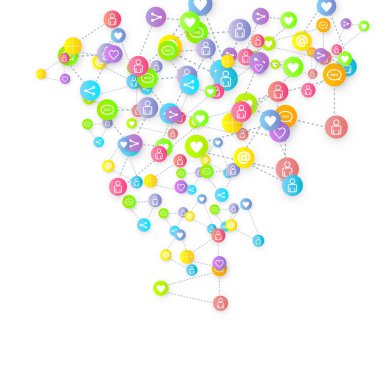 Sosyal medya pazarlaması, iletişim ağı kavramı. Beyaz arkaplana bağlı rastgele sosyal medya hizmetleri simgeleri. Yorum, arkadaş, paylaşım, hedef, mesaj. Vektör İnternet kavramı.
