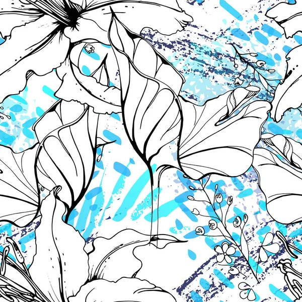 Bloemen Zwart Met Wit Naadloos Patroon Moderne Artistieke Aquareldruk Fashion — Stockvector