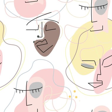 Yüz çizgisi deseni. Soyut çizim kusursuz desen. Vektör Modern Minimum Sanat. Grafikler arka planda. Sürekli bir çizgi çiziyor. Doğrusal tasarım kadın ve erkek yüzleri. Güzel modern baskı..