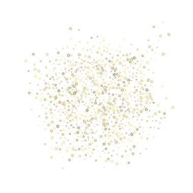 Altın Parıldayan Yıldızlar. Lüks Parlak Konfeti. Dağınık küçük bir parıltı. Parlak gümüş element. Rastgele sihirli minik ışık. Yıldızların beyaz arka planı. Yeni Yıl, Noel Vektörü illüstrasyonu.