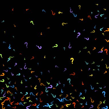 Soru işaretleri siyah arkaplana dağılmış. Sınav, şüphe, anket, araştırma, faq, sorgulama, sorgulama geçmişi. Kamuoyu yoklaması için çok renkli bir şablon. Gökkuşağı rengi. Vektör illüstrasyonu.