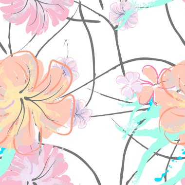 Pembe Çiçekler Çiçek Şablonu. Pastel Suluboya Çiçek Yazısı. Küçük pembe, sarı, gri yapraklı leylak çiçeği. Zarif fırça arka planı. Kusursuz Botanik Vektör Yüzeyi. Moda Yazıcıları İçin Desen.