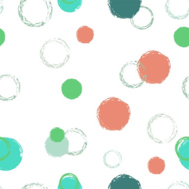 Renkli Polka Noktaları. Pastel Vektör Kusursuz Desen. Çok renkli tasarım. Suluboya Şekli Kaotik Şekillerle Soyut Beyaz Arkaplan. Grunge Sanatsal Kumaş. Tebeşir Fırçası Yuvarlakları, Konfeti