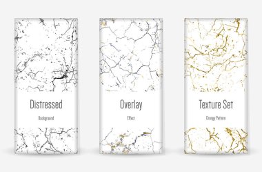 Kederli Grunge dokusu seti. Kusursuz desen. Çizilmiş, Dirt Print. Yarım tonluk Retro Arkaplan. Kırık, çatlak duvar dokusu. Altın, Siyah, Beyaz Grunge tarzı. Gürültü Kaba Tasarım. Vektör İllüstrasyonu.