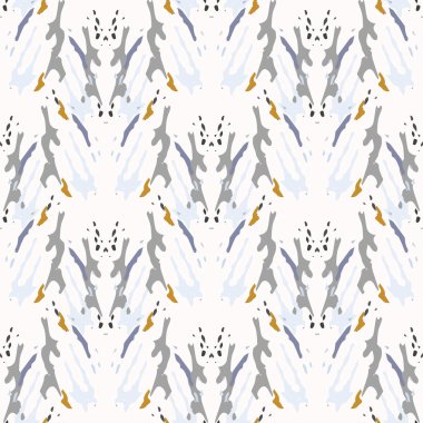 Benekler, Ikat. Tie Dye, Batik. Kusursuz desen. Geometrik Yüzey. El boyası çizilmiş. Kabile Shibori Kumaş Tasarımı. Gri Sarı Halk Eski Folklor Tekstili. Geleneksel Geometri Örgü Boyası Deseni.