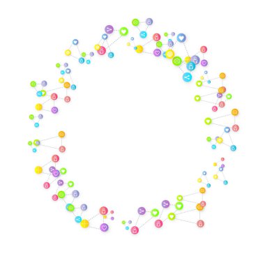 Sosyal medya pazarlaması, iletişim ağı kavramı. Beyaz arkaplana bağlı rastgele sosyal medya hizmetleri simgeleri. Yorum, arkadaş, paylaşım, hedef, mesaj. Vektör İnternet kavramı.