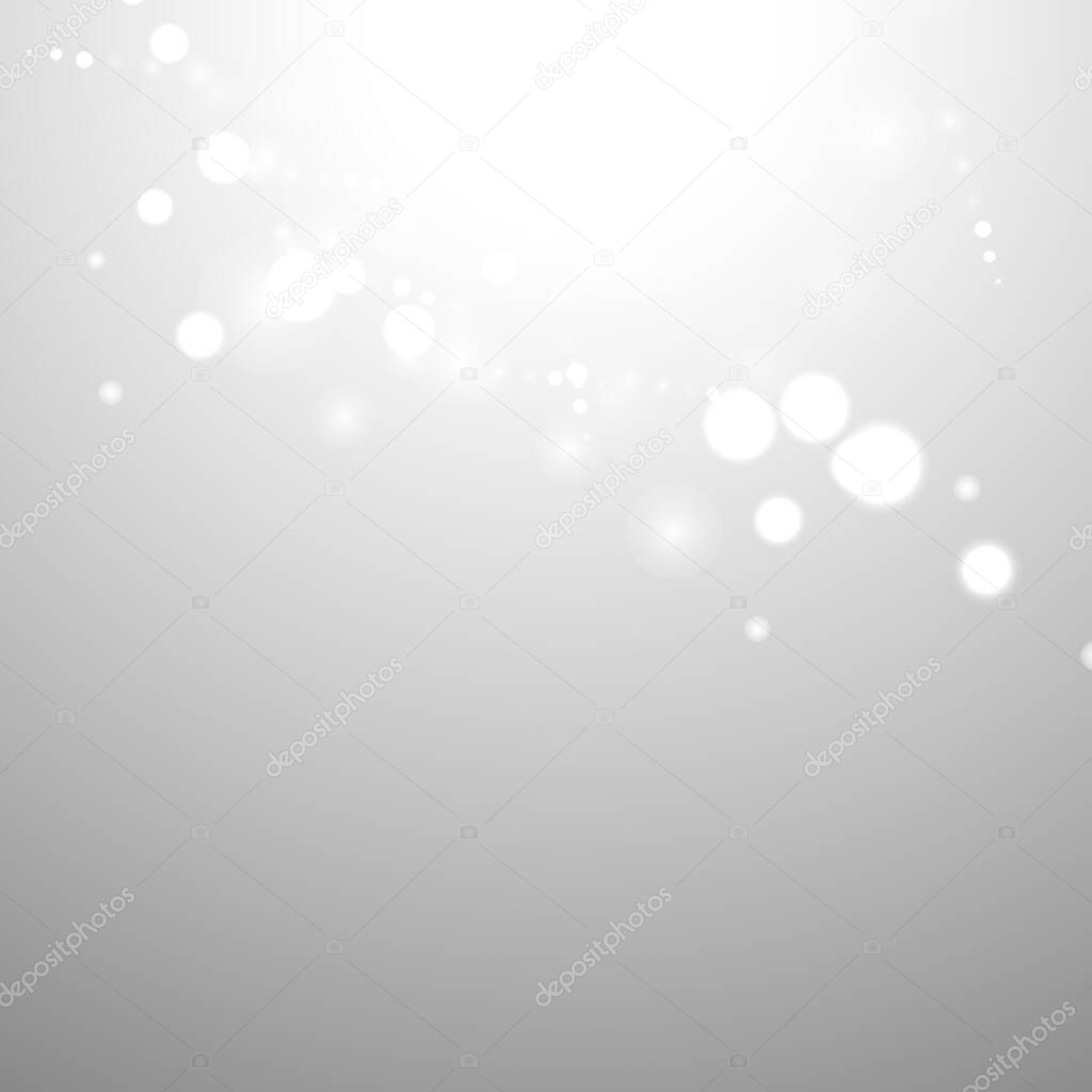Silver Bokeh Christmas Background. Snow Flakes on Light Grey. Blurred Vector Design. Holiday Winter Backdrop With Glow and Overlay Effect. Season Bling Christmas Decoration.
