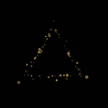 Düşen kar, altın deseni bozar. Uçan altın kar, don ve kar yağışlı bir resim. Kara geceyle ilgili Noel kutlaması için kış baskısı. Yeni Yıl için Tatil Vektörü illüstrasyonu.