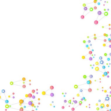 Sosyal medya pazarlaması, iletişim ağı kavramı. Beyaz arkaplana bağlı rastgele sosyal medya hizmetleri simgeleri. Yorum, arkadaş, paylaşım, hedef, mesaj. Vektör İnternet kavramı.