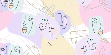 Yüz çizgisi deseni. Soyut çizim kusursuz desen. Vektör Modern Minimum Sanat. Grafikler arka planda. Sürekli bir çizgi çiziyor. Doğrusal tasarım kadın ve erkek yüzleri. Güzel modern baskı..