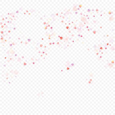 Kalp sevgisi vektör geçmişi. Sevgililer günü. Pembe kalpler konfetisi. Dağınık aşk sembolleri. Şeffaf arka planda gelişigüzel düşen kalp şekli. Güzel Davetiye, Tebrik Kartı İllüstrasyonu.