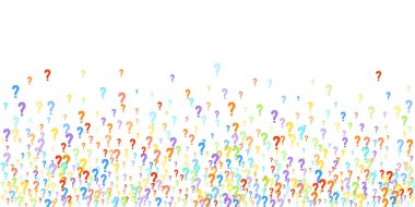 Beyaz arka plana dağılmış soru işaretleri. Sınav, şüphe, anket, araştırma, faq, sorgulama, sorgulama geçmişi. Kamuoyu yoklaması için çok renkli bir şablon. Gökkuşağı rengi. Vektör illüstrasyonu.