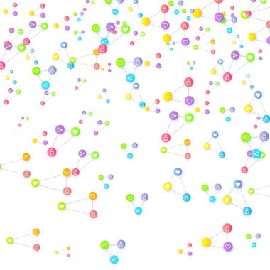 Sosyal medya pazarlaması, iletişim ağı kavramı. Beyaz arkaplana bağlı rastgele sosyal medya hizmetleri simgeleri. Yorum, arkadaş, paylaşım, hedef, mesaj. Vektör İnternet kavramı.