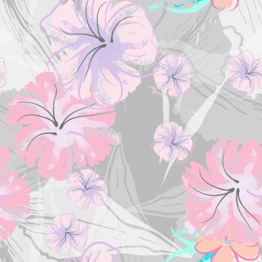 Pembe Çiçekler Çiçek Şablonu. Pastel Suluboya Çiçek Yazısı. Küçük pembe, sarı, gri yapraklı leylak çiçeği. Zarif fırça arka planı. Kusursuz Botanik Vektör Yüzeyi. Moda Yazıcıları İçin Desen.