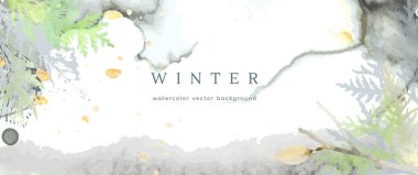 Kış suluboya geçmişi. Vektör el doku çizimi botanik yapraklar, çiçekler. Kış mevsimi için soyut sanat tasarımı. Modern kart, düğün masrafları, davetiye. Noel Sanatları Dekorasyonu.