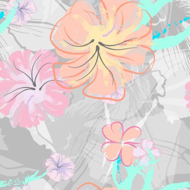 Pembe Çiçekler Çiçek Şablonu. Pastel Suluboya Çiçek Yazısı. Küçük pembe, sarı, gri yapraklı leylak çiçeği. Zarif fırça arka planı. Kusursuz Botanik Vektör Yüzeyi. Moda Yazıcıları İçin Desen.