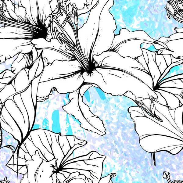 Цветочный Черно Белый Бесшовный Узор Современная Акварельная Печать Поверхность Очертаний — стоковый вектор