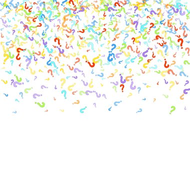 Beyaz arka plana dağılmış soru işaretleri. Sınav, şüphe, anket, araştırma, faq, sorgulama, sorgulama geçmişi. Kamuoyu yoklaması için çok renkli bir şablon. Gökkuşağı rengi. Vektör illüstrasyonu.